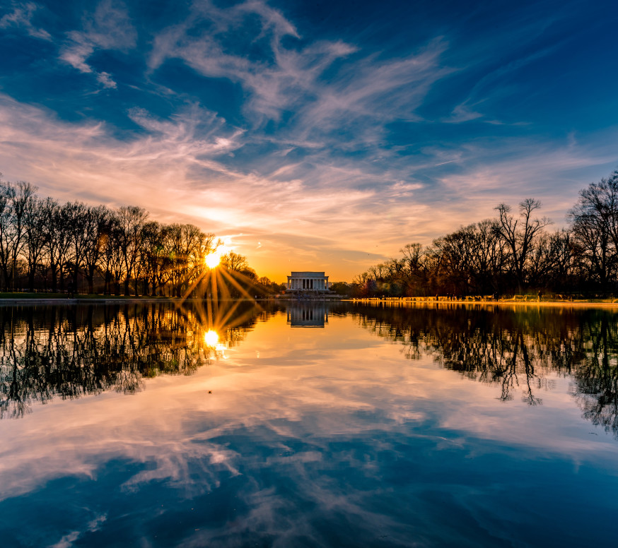 The Lincoln Memorial Reflecting Pool and with the Lincoln Memorial in the distance at sunset